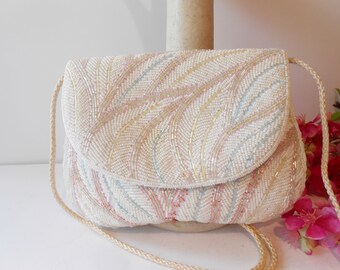 White Beaded Wedding Bag, Vintage Clutch Pink Blue Accents, Sparkly White Beaded Clutch, White Bead Brides Purse EB-0734