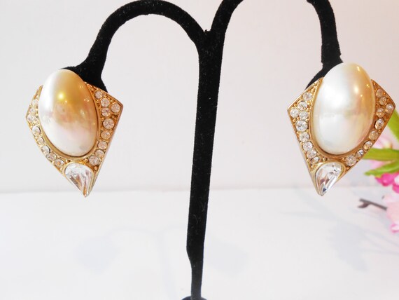 Vintage Pearl Earrings, Glamorous Faux Pearl Rhin… - image 2