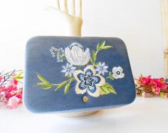 Ladies Blue Velvet Jewelry Case, Floral Accents