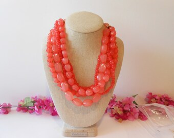 Watermelon Red Bead Necklace, 5 Strand Plastic Necklace