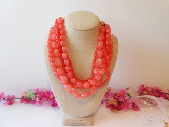 Watermelon Red Bead Necklace, 5 Strand Necklace, … - image 1