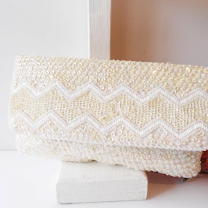Vintage Beaded Bridal Clutch Bag, Iridescent Beaded Evening Bag,  White Bridal Purse, White Wedding Purse  EB-0333