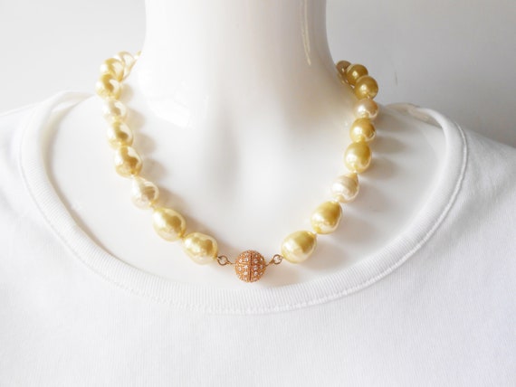 Yellow Pearl Necklace, Rhinestone Trim, Single Strand… - Gem