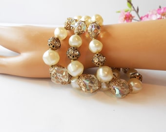 Vintage Pearl Bracelet, Triple Strand Bracelet, Pearl Rhinestone Faceted Beads