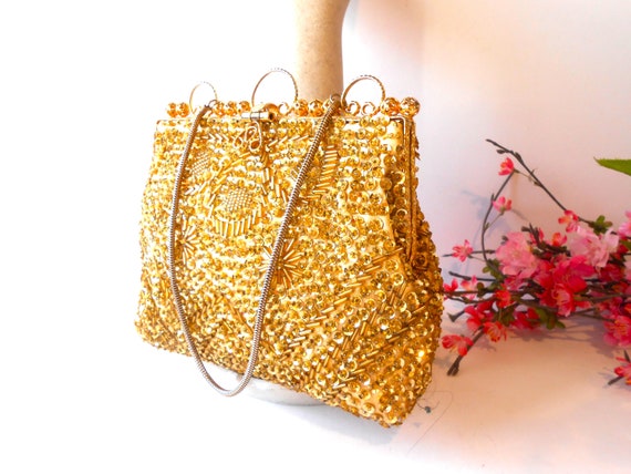 Gold Beaded Evening Bag, Gold Bead Clutch Bag, Af… - image 4