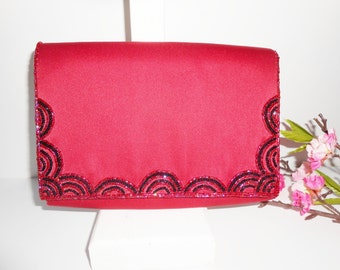 Red Beaded Evening Bag, Vintage Red Clutch Purse, Red Holiday Handbag, EB-0759