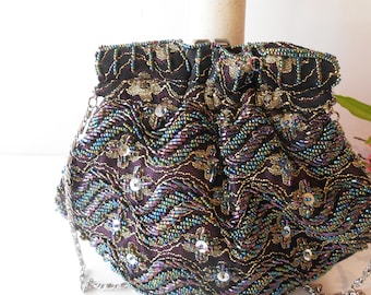 Vintage Black Evening Bag, Multi Color Beading,EB-0445