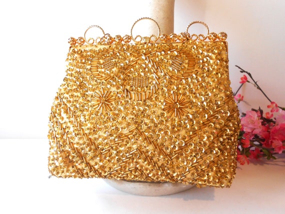 Gold Beaded Evening Bag, Gold Bead Clutch Bag, Af… - image 6