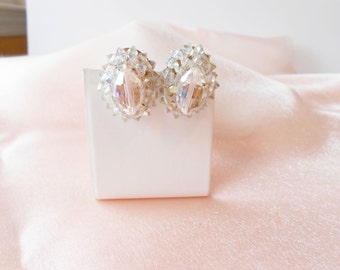 Vintage Aurora Borealis Rhinestone Clip On Earrings, West Germany