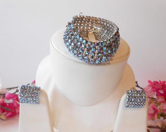 Blue Rhinestone Bracelet Earring Set, Vintage Jewelry Set