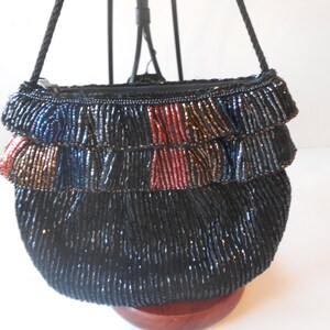 Black Bead Evening Bag by Walborg, Multi Color Bead Accents, Pouch Style Bag, Black Evening Bag  EB-0061