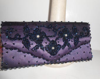 Blue Beaded Clutch Bag, Floral Evening Purse