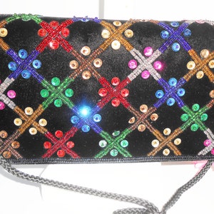 Vintage Velvet Evening Bag with Multi Color Beading, Glamorous Velvet Clutch Bag, Holiday Handbag,   EB-0091