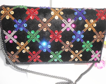 Vintage Velvet Evening Bag with Multi Color Beading, Glamorous Velvet Clutch Bag, Holiday Handbag,   EB-0091