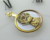 Steampunkology Fusee Necklace Pendant, 18th Century Engraved Gold-Gilt Hand-Pierced Balance Cock Antique Glass Monocle, Elegant Steampunk