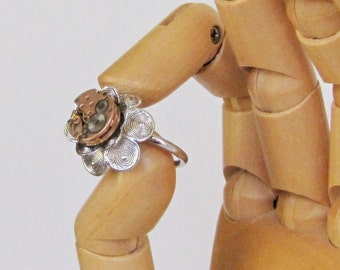Steampunk Omega Flower Power Ring, Rose Gold Watch Movement, Spring Bloomer, Vtg NOS MINTY Silver-Tone Two-Tier Flower Ring, Steampunkology