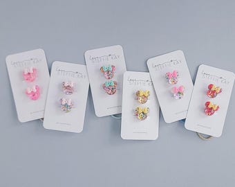 Paquete de 2 gomas para el pelo / Cabezas de ratón con purpurina y lazo / 6 opciones