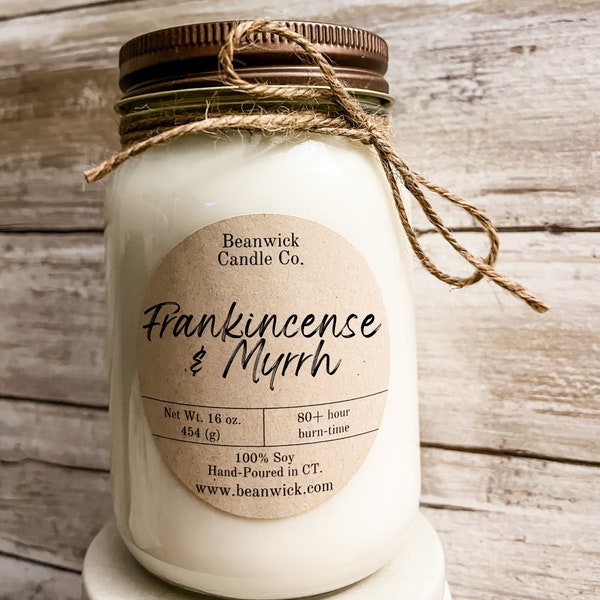 FRANKINCENSE & MYRRH  Soy Candle in Mason Jar Unique Gift