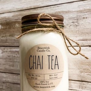Vela de soja con té Chai: frasco de vidrio de 16 oz vertido a mano