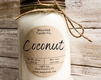 COCONUT / 16 oz. Mason Jar Soy Candle / Scented Candle / Wax Melts / Farmhouse Decor / All Natural / Top Seller / Gift Ideas
