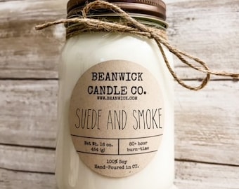 SUEDE & SMOKE Soy Candle in Mason Jar Unique Gift