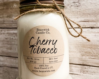 CHERRY TOBACCO Soy Candle in Mason Jar Unique Gift