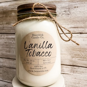 VANILLA TOBACCO Soy Candle in Mason Jar Unique Gift