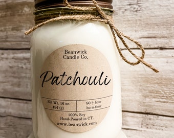 PATCHOULI  Soy Candle in Mason Jar Unique Gift