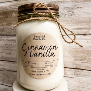 CINNAMON & VANILLA Soy Candle in Mason Jar Unique Gift