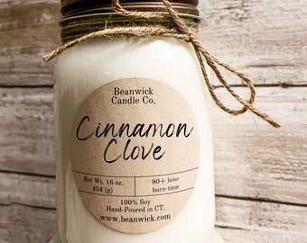 CINNAMON CLOVE Soy Candle in Mason Jar Unique Gift