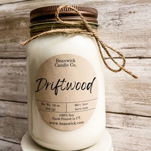 DRIFTWOOD Soy Candle in Mason Jar Unique Gift