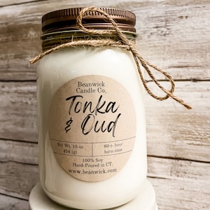 TONKA & OUD Soy Candle in Mason Jar Unique Gift