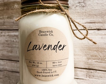 Vela de soja e lavanda: frasco de vidro de 16 oz, queima por mais de 80 horas