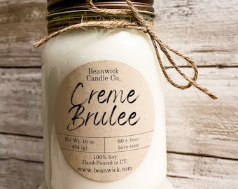Creme Brulee Soy Candle: Hand Poured Mason Jar, 80+ Hour Burn