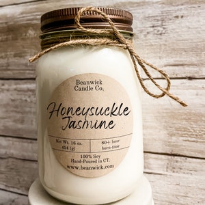 HONEYSUCKLE JASMINE Soy Candle in Mason Jar Unique Gift