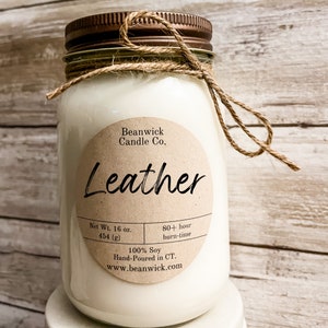 LEATHER Soy Candle in Mason Jar Unique Gift