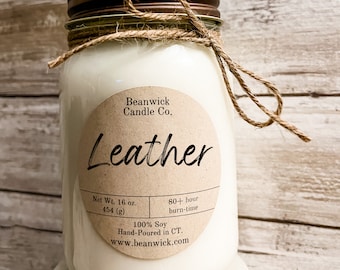Leather Scented Soy Candle: 16 oz Mason Jar, 80+ Hour Burn
