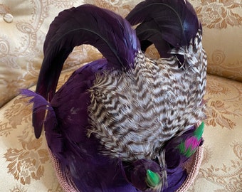 Exquisite 1880s Gilded Age Antique Purple Feathered Hat 