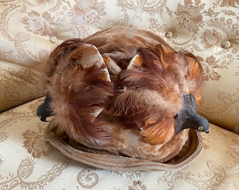 1920s Brown Velvet and Feather Antique Hat, Authentic Roaring Twenties Headpiece Parrot Hat Paris