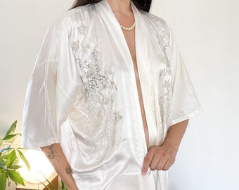 Vintage White/Silver Satin Pearl Embellished Chinese Robe