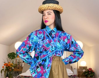 Vintage Wrangler Western Floral Shirt with Button Panels Blue Purple