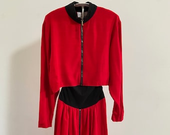 Vintage 80's Red Crop-top Skirt Two-Piece Set