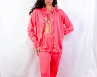 1960's Sears Neon Pink Nylon Ruffle Pajama Set