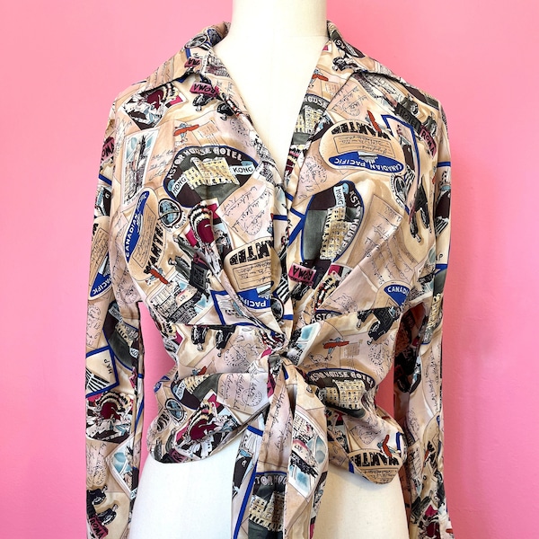 1990's Vacation Blouse with Waist Tie - Postcard /Travel print