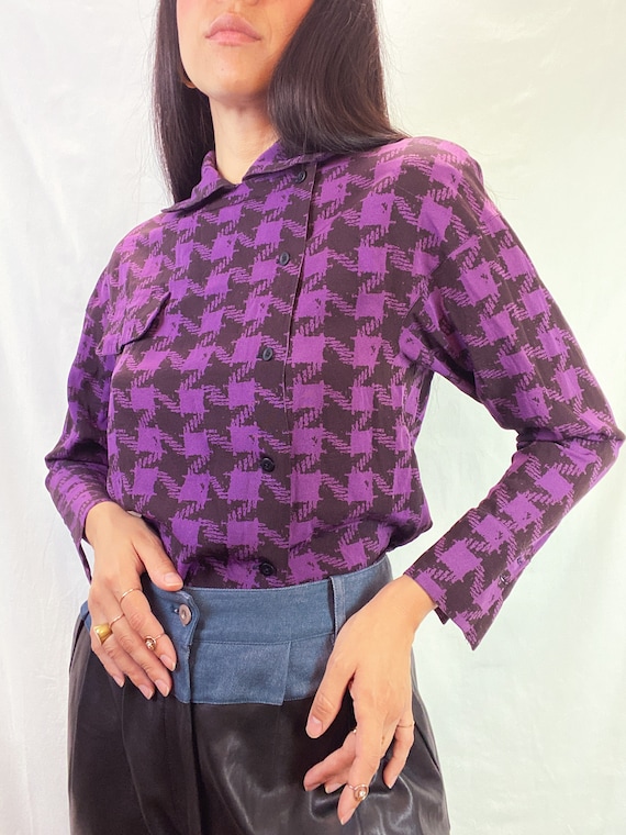 1990's Courreges Purple Brown Houndstooth Blouse