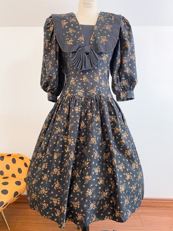 Victorian Inspired Black and Gold Floral 80's Dres