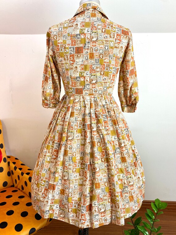 Vintage 50's Post Stamp Print Pleated A Line Dress - image 3