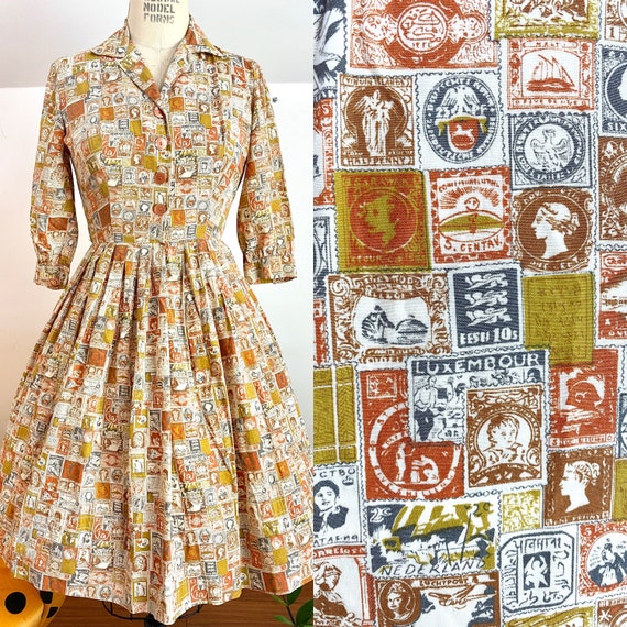 Vintage 50's Post Stamp Print Pleated A Line Dress - image 1