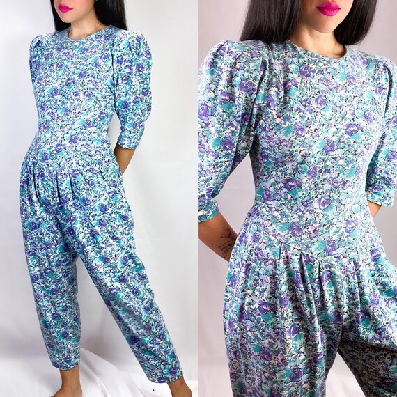 Vintage 80's Blue and Purple Floral Puff Sleeve Je
