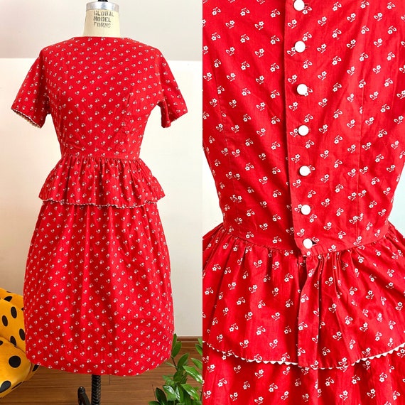 Vintage 50's Calico Style Floral Cotton Peplum Dre